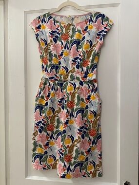 Boden Cap-Sleeve Sheath Dress in Pink, Yellow & Navy Tropical Pattern